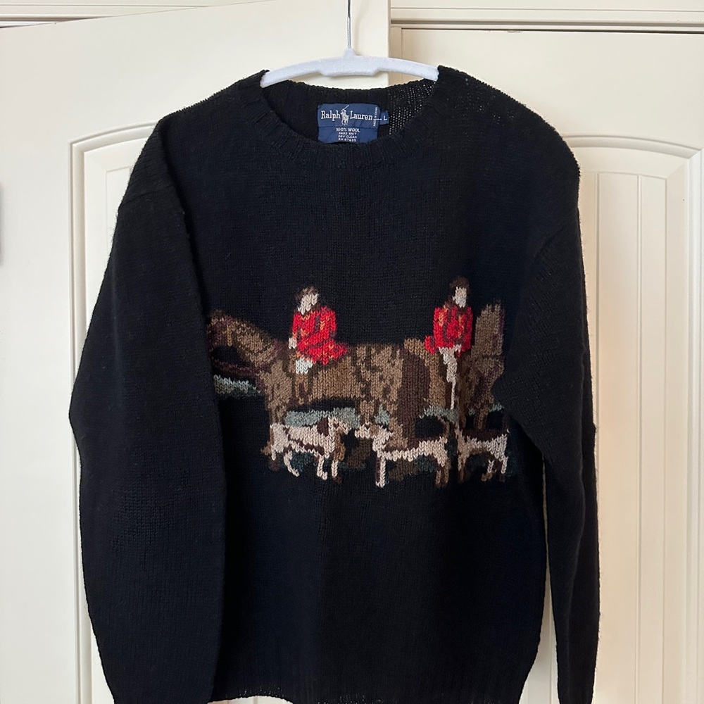 RARE - RALPH LAUREN Vtg Equestrian Horse English Hunt Wool Hand Knit Sweater L - Picture 13 of 15